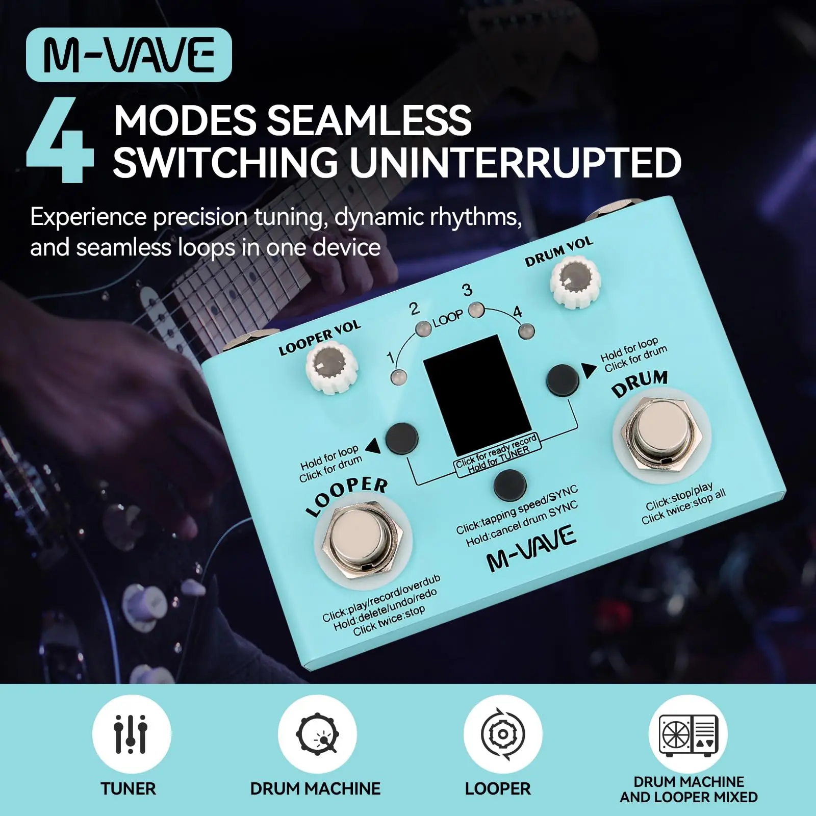 M-vave Lost Tempo Drum Machines & Looper Pedal - 4-Mode Tuner/Drum, 30 Presets, 11 Mins Recoding Time,for Guitar/Bass Effects