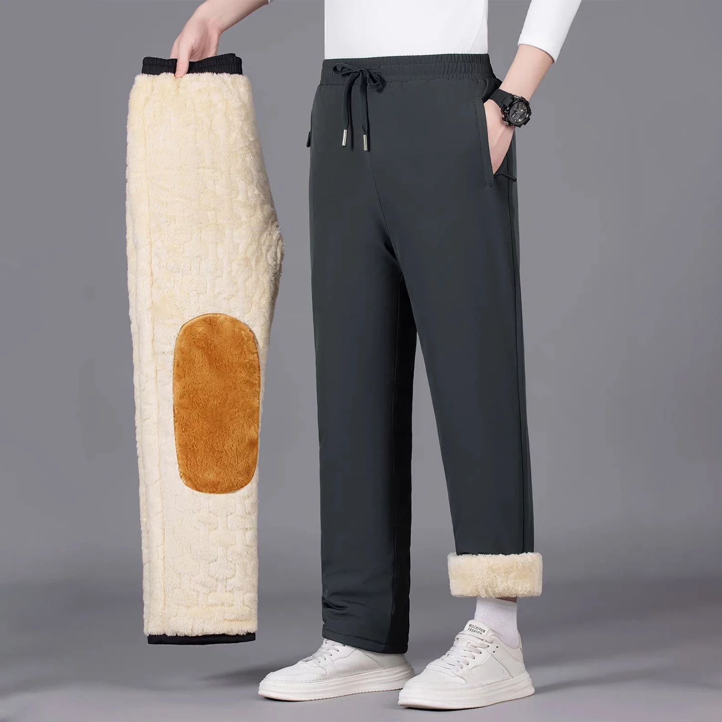 lamb fleece cotton-padded trousers men's 2026 new winter thick warm and cold resistant casual pants men loose straight leg long
