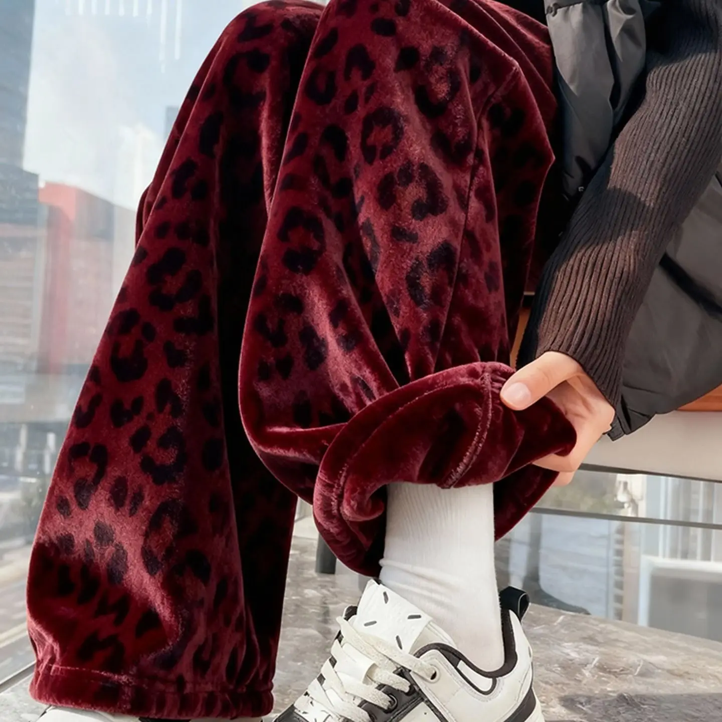 retro red leopard print velvet wide-leg pants women's autumn and winter great-looking  velvet straight casual pants