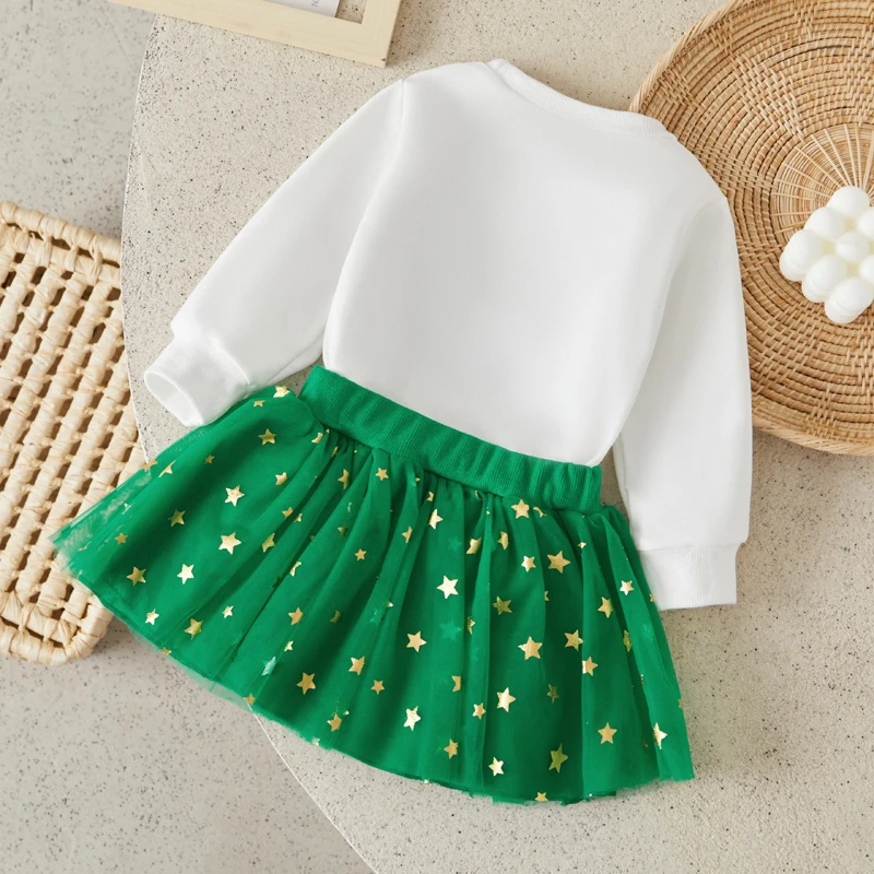 Suefunskry Baby Girl Christmas Outfit Soldier Embroidery Long Sleeve Sweatshirt with Shiny Star Print Elastic Waist Tulle Skirt