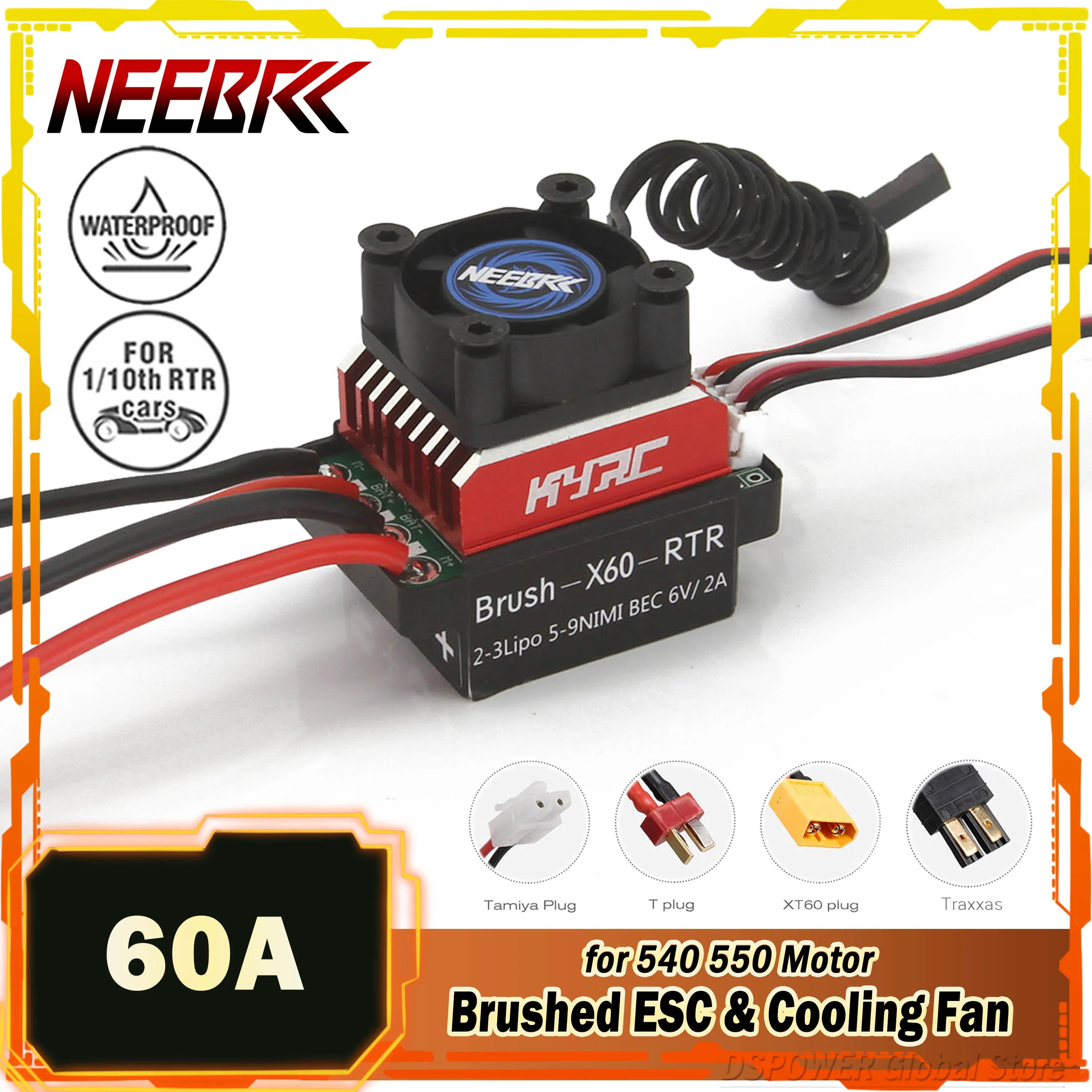 

NEEBRC Waterproof 60A Brushed ESC 25mm Cooling Fan for 540/550 Motor 1/10 RC Car Traxxas D90 HSP Redcat Axial Scx10 RC4WD HPI