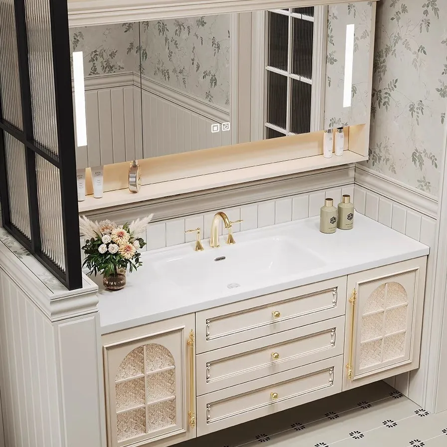 French retro bathroom cabinet ceramic integrated cabinet wash basin cabinet combined countertop integrated