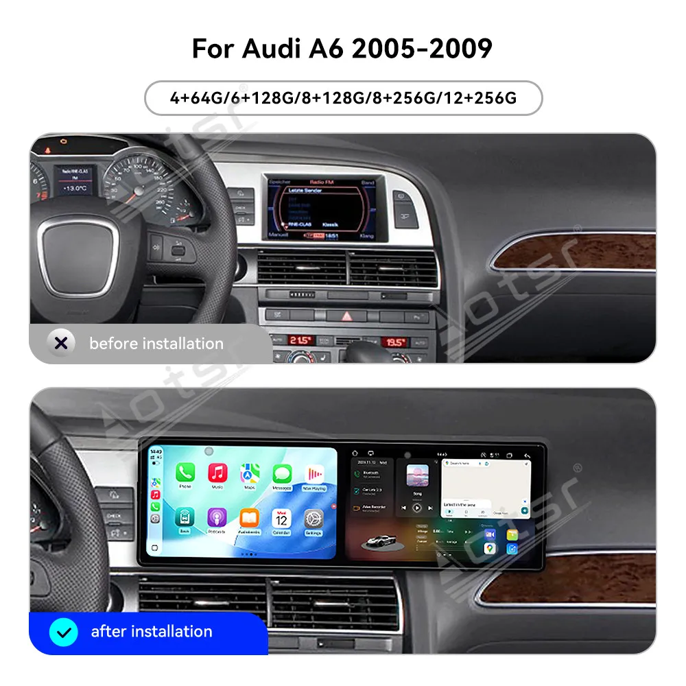 

Двойной экран 9,1 дюйма Android15 Carplay HD сенсорный экран для Audi A6 2005-2009 мультимедийный плеер автомобильный GPS-навигатор головное устройство авто