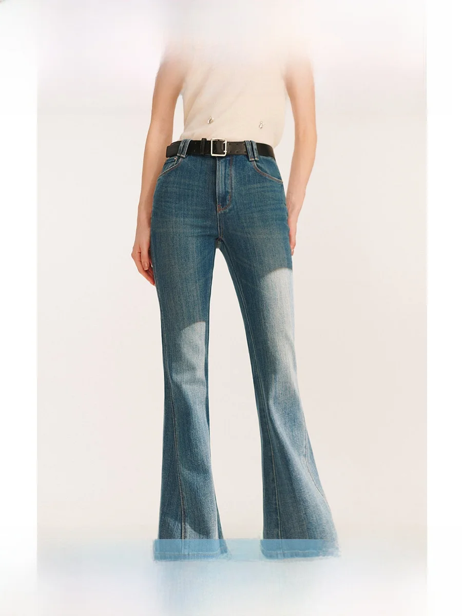 

Classic High-Waisted Slim Fit Bell Bottom Denim Jeans Women's High Elasticity Cotton Stretch Belt Four-Sided Fashionable