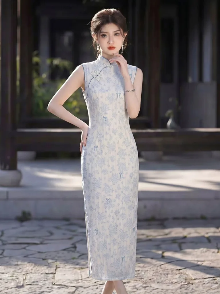 National Style Chinese Style Suzhou Blue Floral Long Cheongsam Improvement Young Women's Summer Sleeveless Qipao