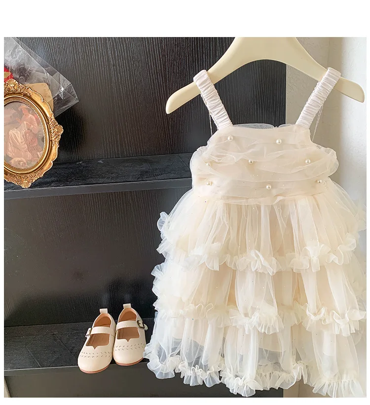 

Kid Girl Ivory Sleeveless Dress Pearl Embellishments on The Bodice Ruched Straps Multiple Layered Ruffled Tulle Children Skirt