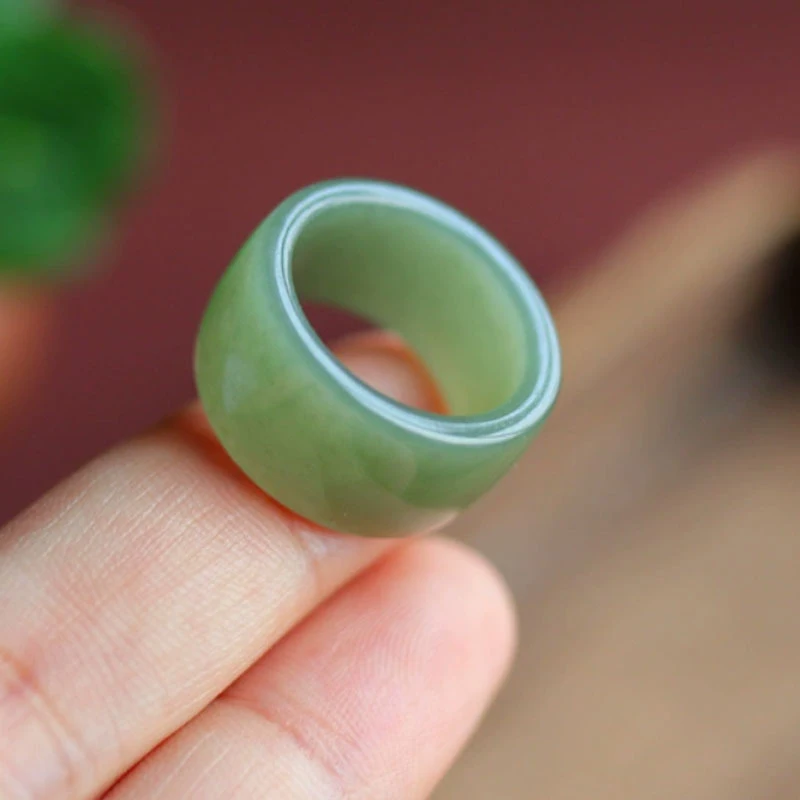 Hotan White Tire Style Band Wide Ring Jade Lake Green