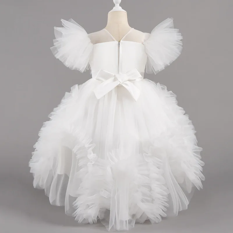 HETISO Girls Elegant Trailing White Dress Flower Appliques Kids Weddings Birthday Party Gown