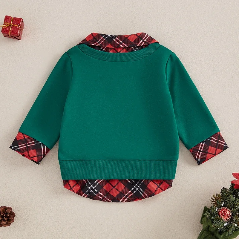 Toddler Boys Christmas Sweatshirt Plaid Santa Reindeer Long Sleeve Lapel Neck Casual Two Fake Piece Pullover T-Shirts