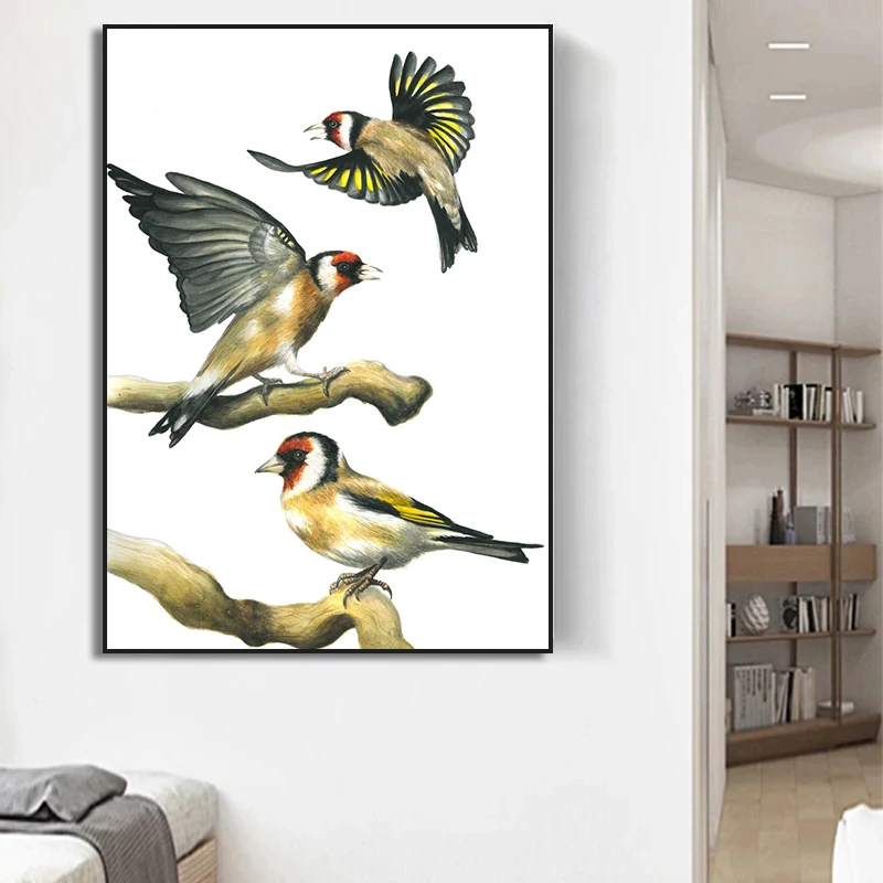 Beautiful Goldfinch Bird Couple Flower Landscape Canvas Painting Wall Art Nordic Posters Prints Pictures for Living Room Decor