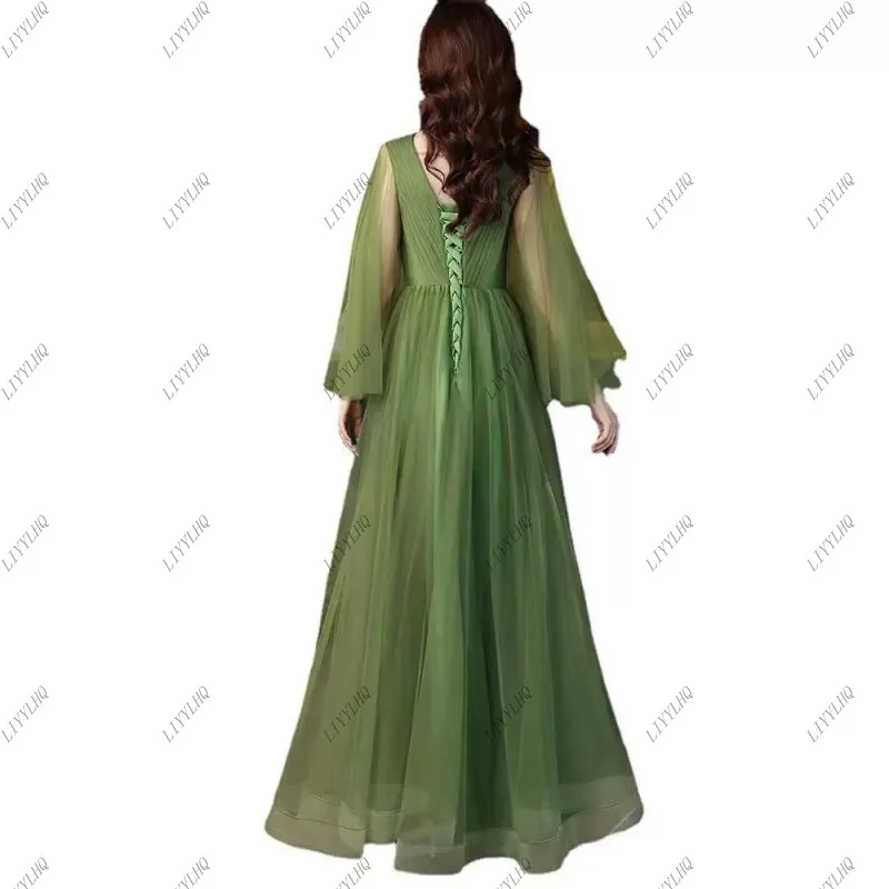 Fairy Sage Green Prom Dresses A-Line V Neck Sash Crystal Backless Tulle Graduation Formal Party Gown Homecoming Gowns Gala Dress