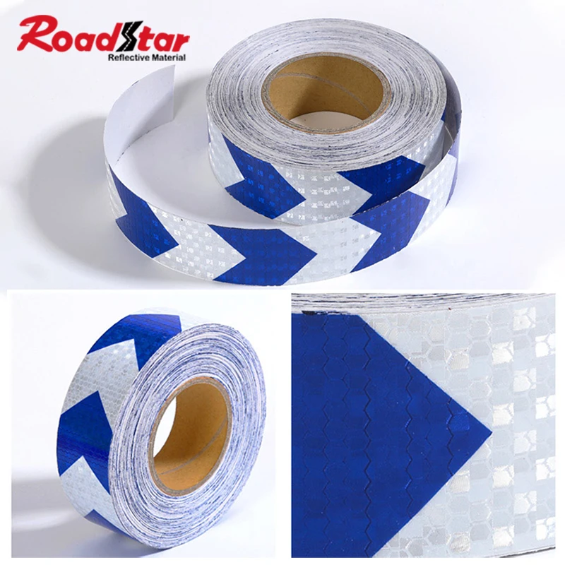 

Roadstar Reflective Sticker 5cmx5m Shining Square Self-Adhesive Warning Tape with Blue White Arrow Printing for Car Motorcycle