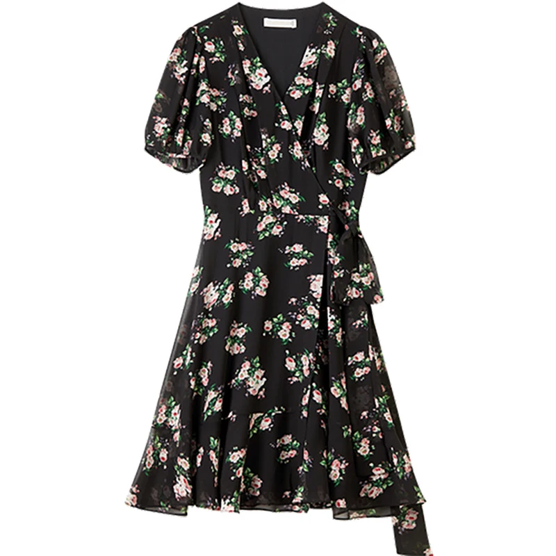 Sentubila Floral Dress Women's 2025 Summer V-neck Strap Waist Lace Up Short-sleeved Dress Chiffon Puff Sleeve Elegant Q52LF0035