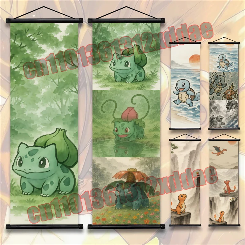 

Classic Anime Pok É Mon Charmander, Squirtle, Bulbasaur High-quality Art Scroll Paintings Suitable for Bedroom Decoration Gifts