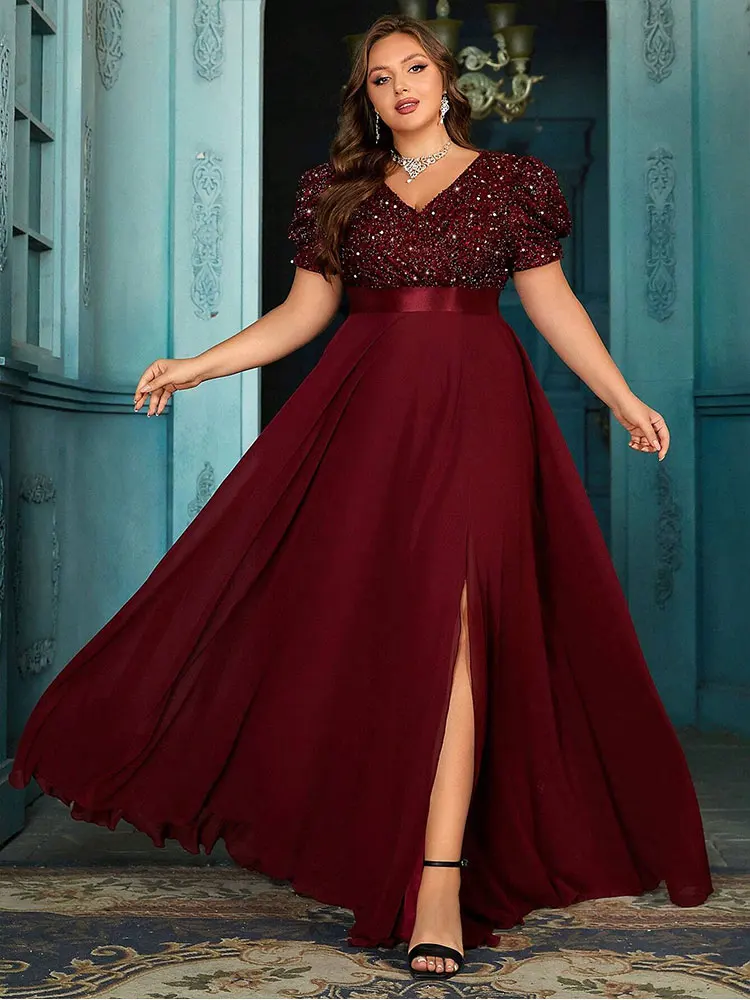 Plus Size V-neck Sequin Puff Sleeve Floor-length Chiffon Evening Dress 4XL 5XL Big Size Burgundy Bridesmaid Evening Dress