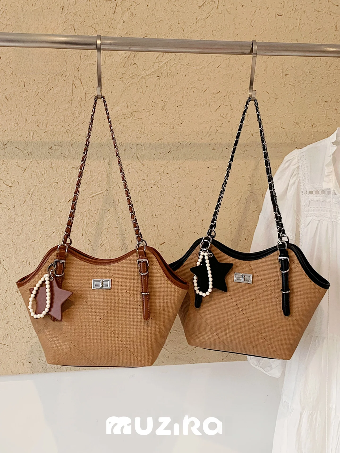 MuziKai Large Capacity Women's Tote Bag 2026 New Autumn Commuter Beach Bag Double Strap Metal Chain Shoulder Handbag