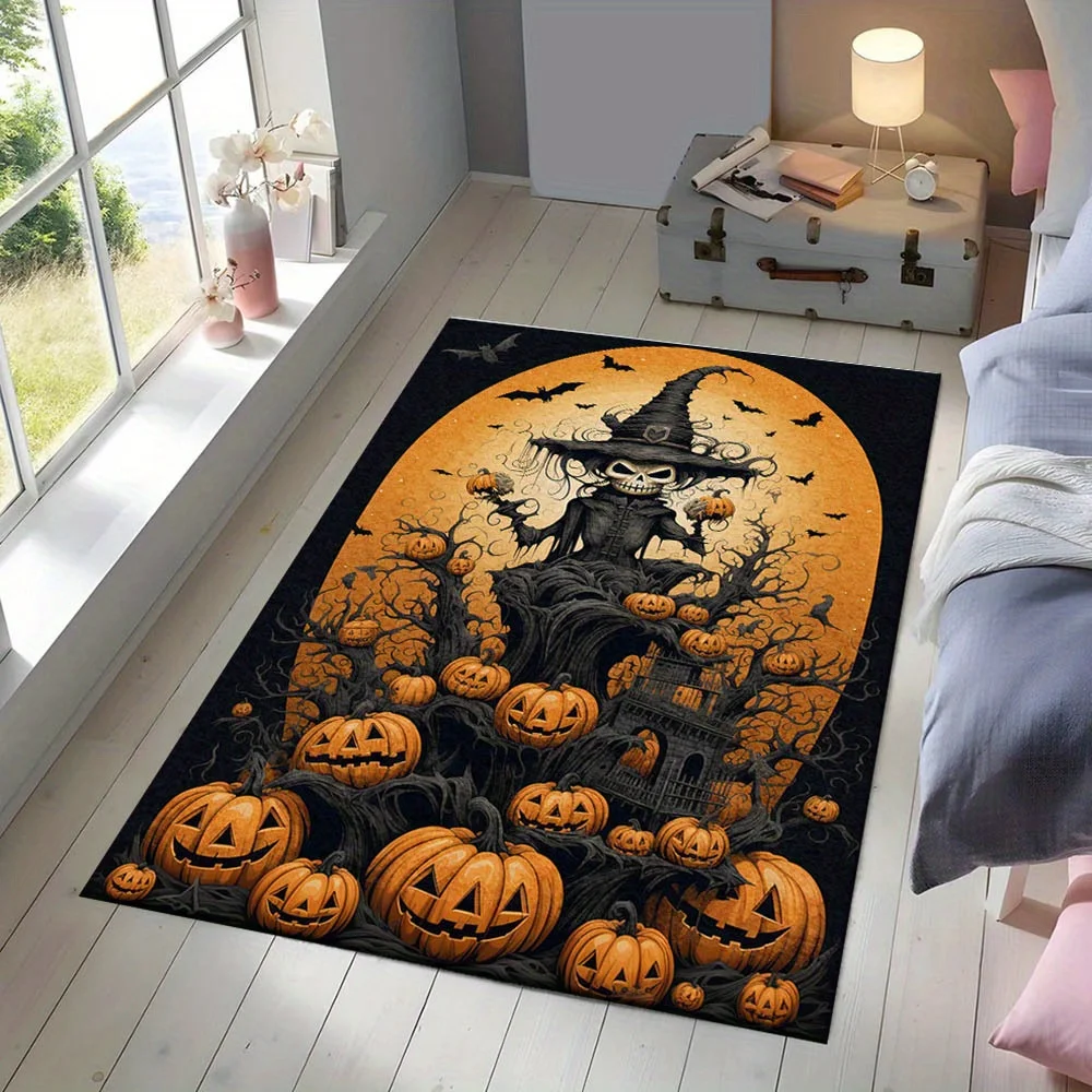 VIKAMA Skeleton Witch Halloween Rug,Non‑Slip Floor Mat,Pumpkin Bat Spooky Tree Carpet for Bedroom Living Room Home Decor Rug