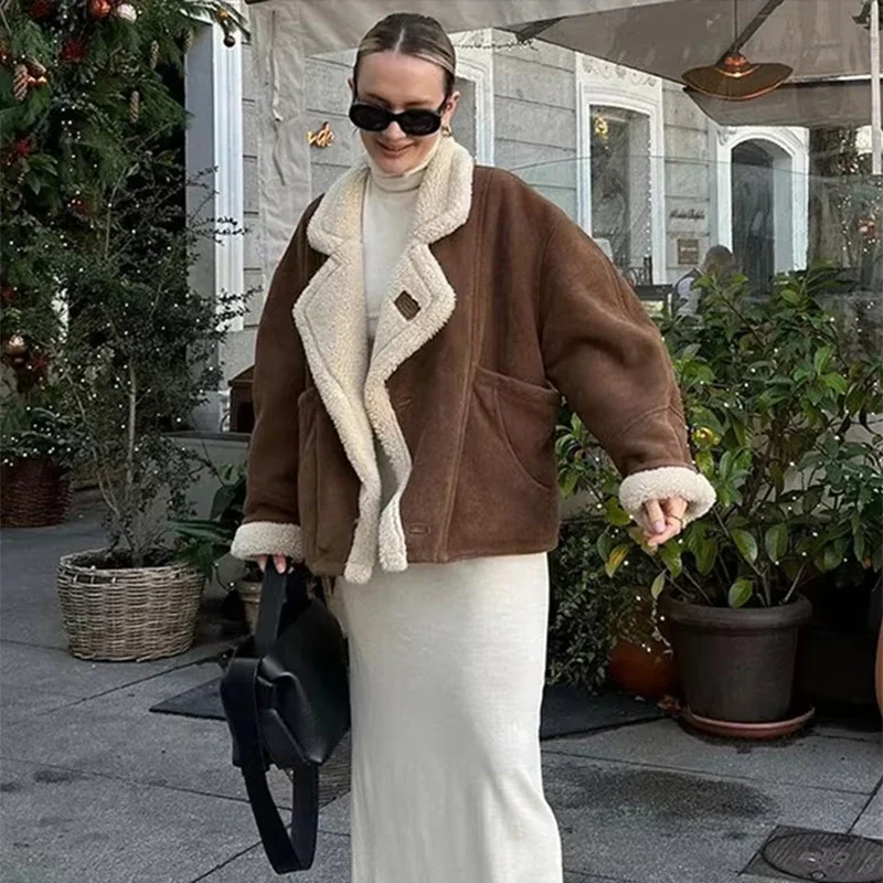 French Vintage Lamb Wool Women Coat Patchwork Full Sleeve Lapel Parka Coat Loose Winter Warm Jacket Thicken Pocket Lady Overcoat