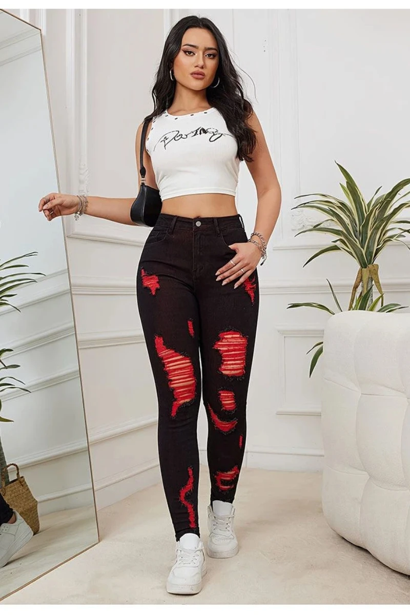 

Y2k Jeans For Woman American Colorful Ripped Trousers 2024 Trendy High Waist Stretch Slim Fit Skinny Denim