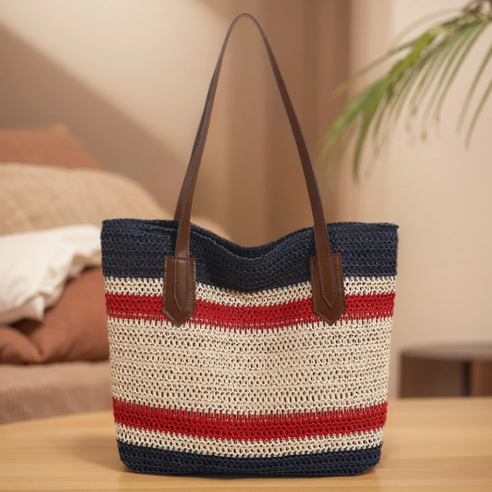 Straw Shoulder Bag for Women Large Capacity Summer Beach Bag Zipper Tote Bag Crossbody Bag for Travel Holiday Shopping