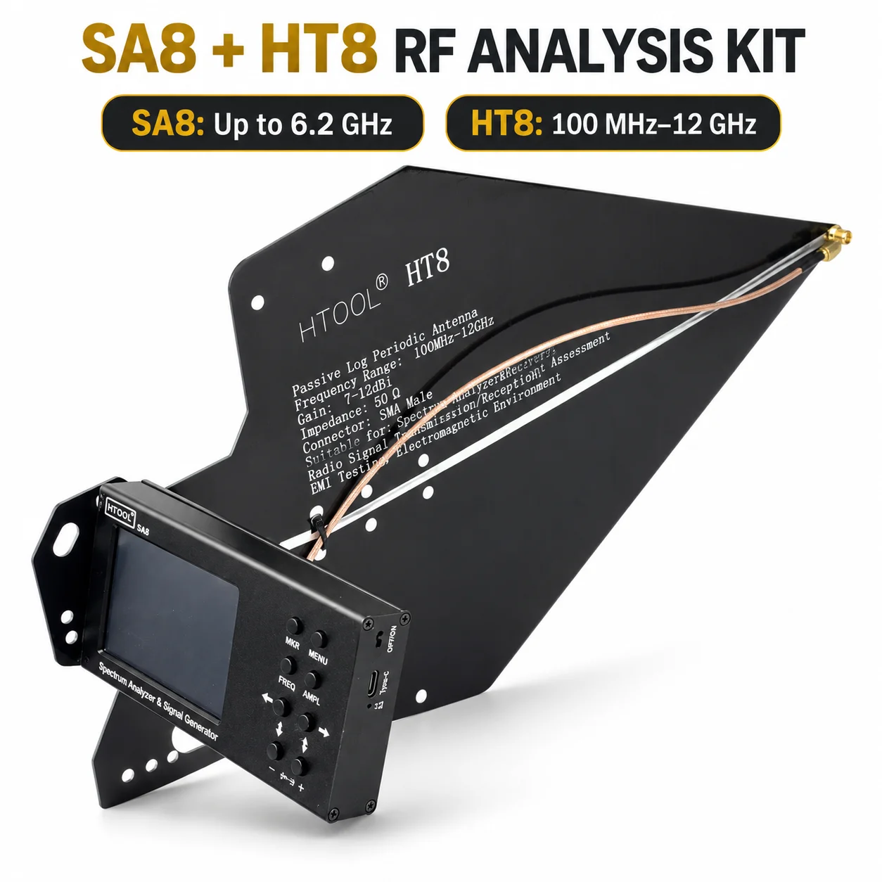 HTOOL SA8 Portable Spectrum Analyzer with HT8 100MHz–12GHz Log Periodic Directional Antenna SMA RF Testing Kit