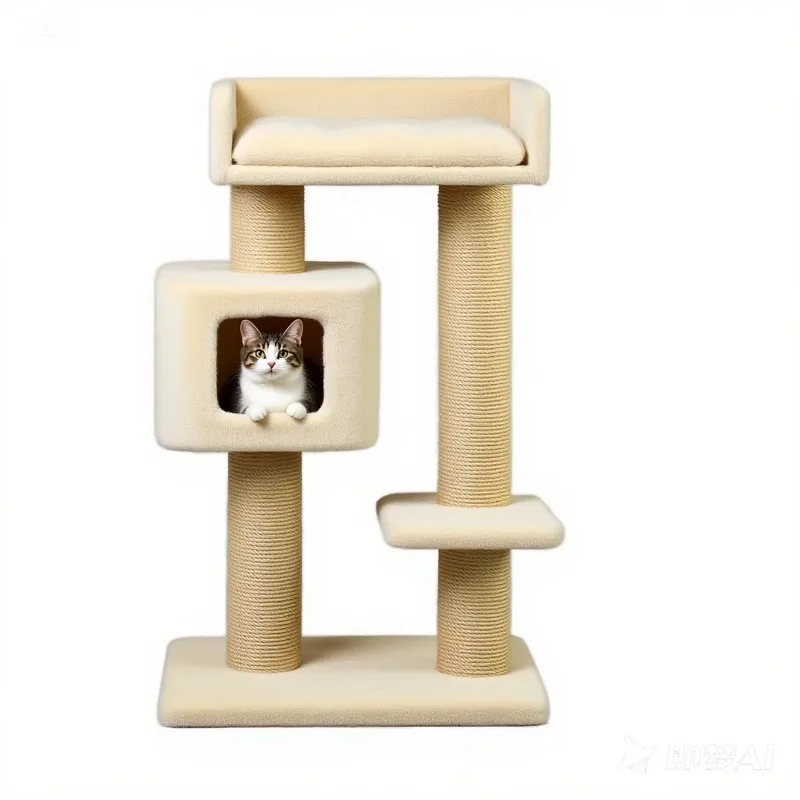 Casual cat tree large beige multi-stage scraper with cushion durable sisal column