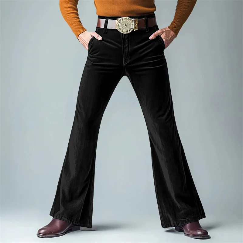 Men's Flare Pants Solid Color Glossy short plush thin fabric Suit Pants Formal Wide Feet Trousers Retro Disco Style High Waist
