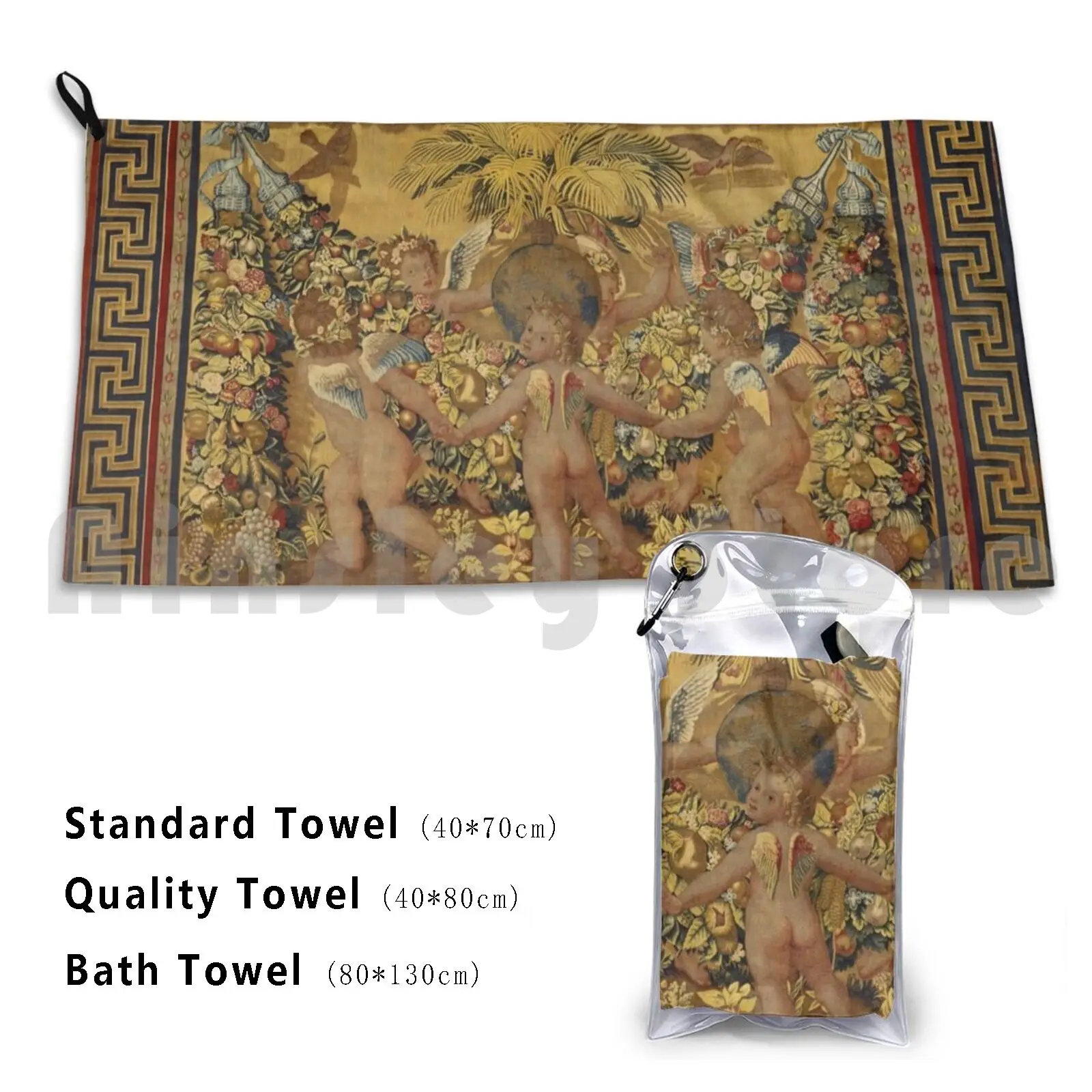 Six Putti Dancing Around A Globe And A Palm , Gold Yellow Brown Floral Renaissance Tapestry Bath Towel Beach Cushion
