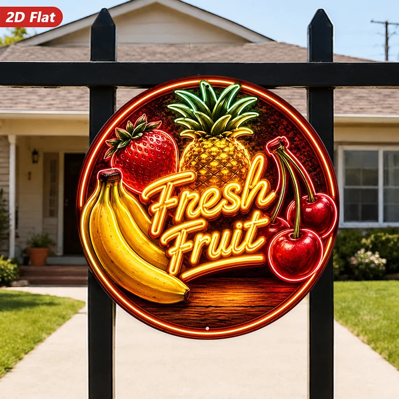 2D Flat Neon Fruit Round Metal Sign Pineapple Banana Cherry Strawberry Waterproof Indoor Outdoor Home Wall Decor