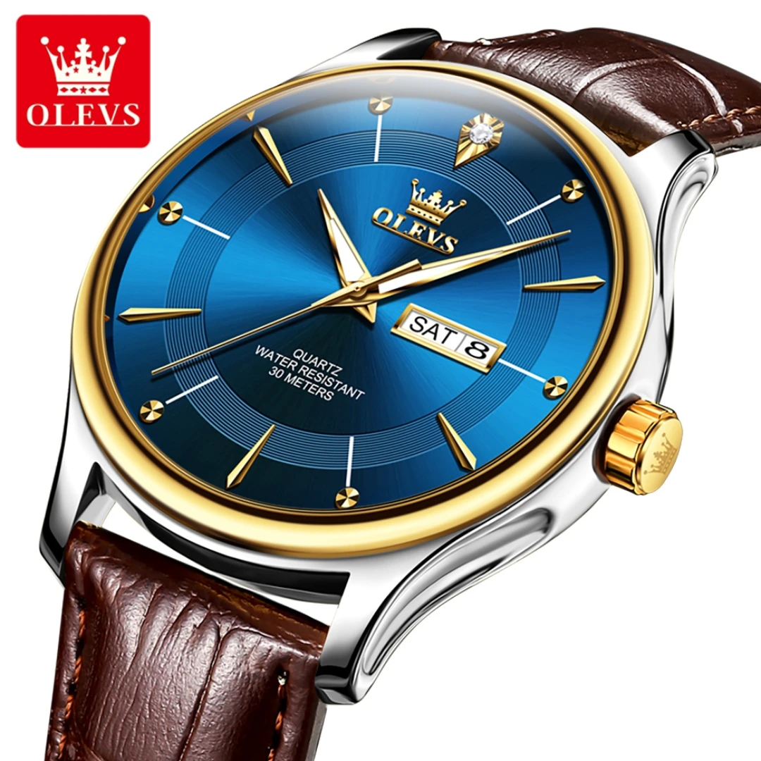 OLEVS 9908 Quartz Simple Watch Gift Round-dial Leather Watchband Wristwatch Luminous