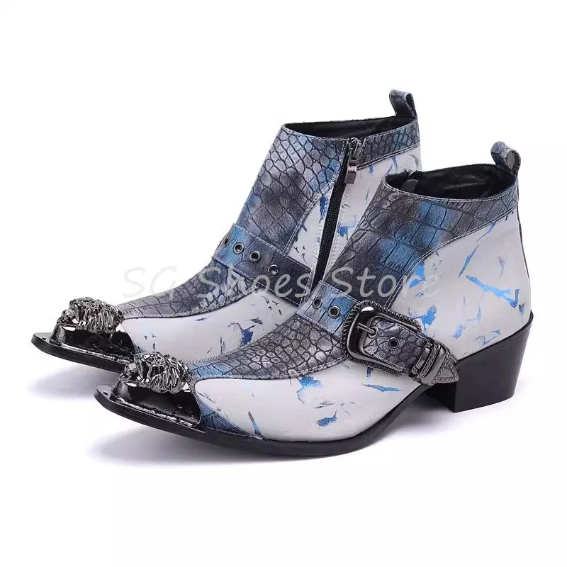 

Fashion Mixed Color High Heel Western Cowboy Boots for Men Metal Pointed Toe Belt Buckle Rivet Chelsea Boots Male Leisure Shoes