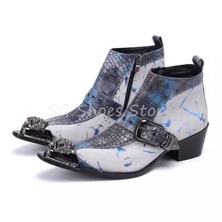 Fashion Mixed Color High Heel Western Cowboy Boots for Men Metal Pointed Toe Belt Buckle Rivet Chelsea Boots Male Leisure Shoes