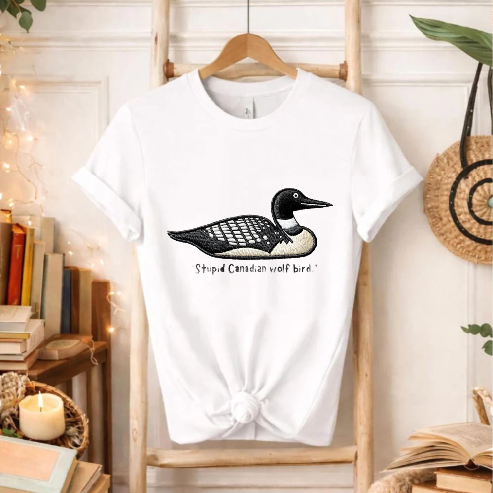 Embroidered Minimalist Stitched Graphic Iconic Common Loon Paired with Playful Nickname Ideal Humor Nature Lovers Short-sleev