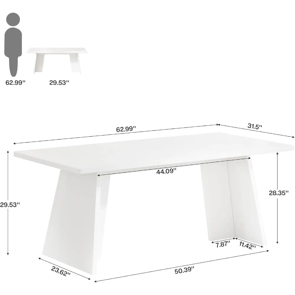Modern Rectangular Dining Table by Tribesigns, 63 White Kitchen Table with Glossy Top and Strong Double Pedestal Base