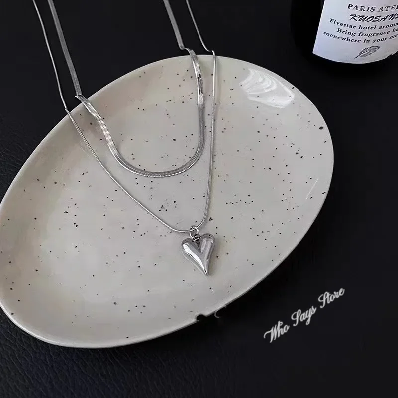Stainless Steel Necklace Double Layered Love Heart Pendant Necklace for Women Simple Silver Color Long Neck Chain Female Jewelry