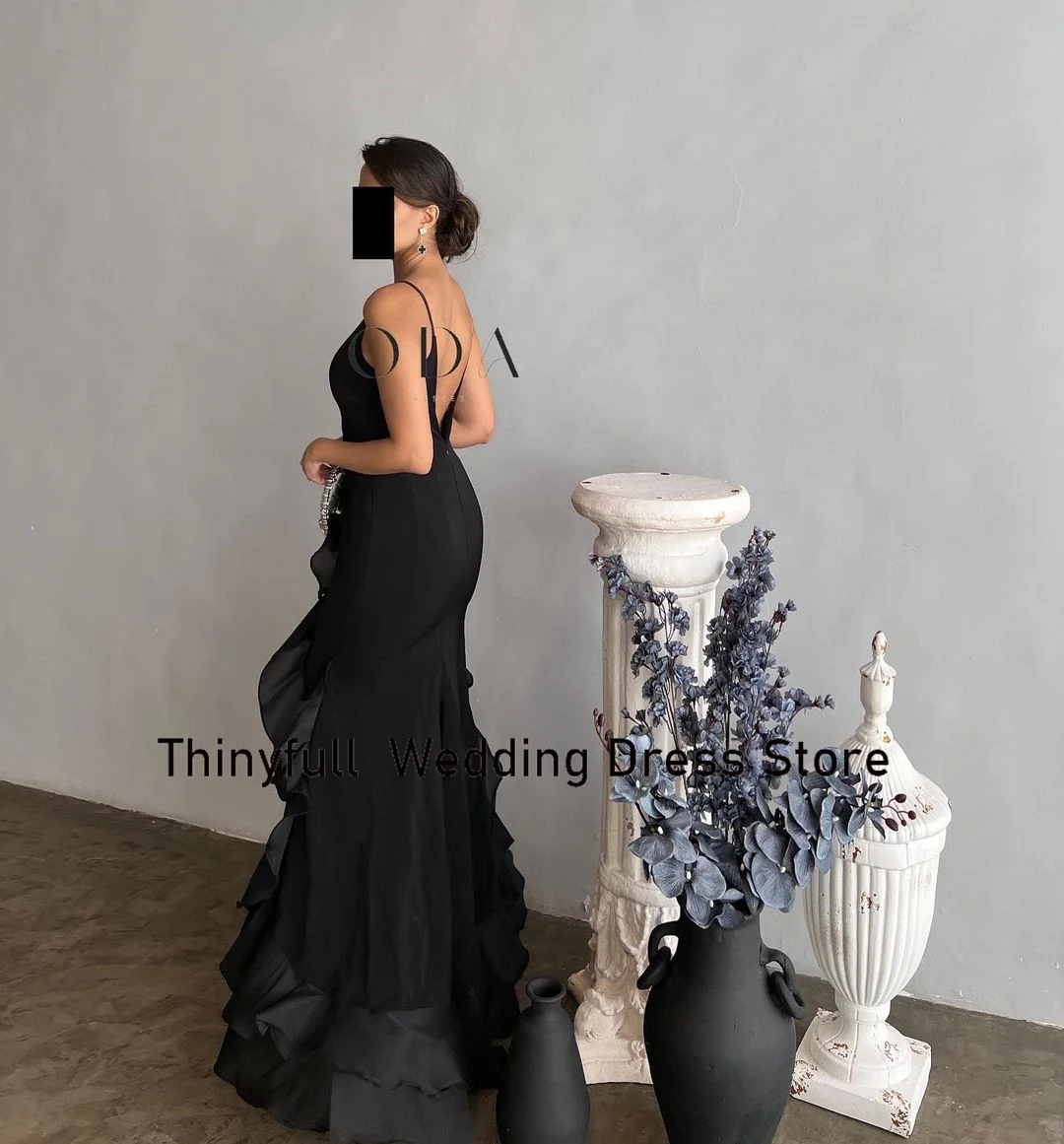 Thinyfull Saudi Arabia Mermaid Black Prom Dresses O-neck Sleeveless Evening Party Dress Satin Ruffles Long Formal Occasion Gowns