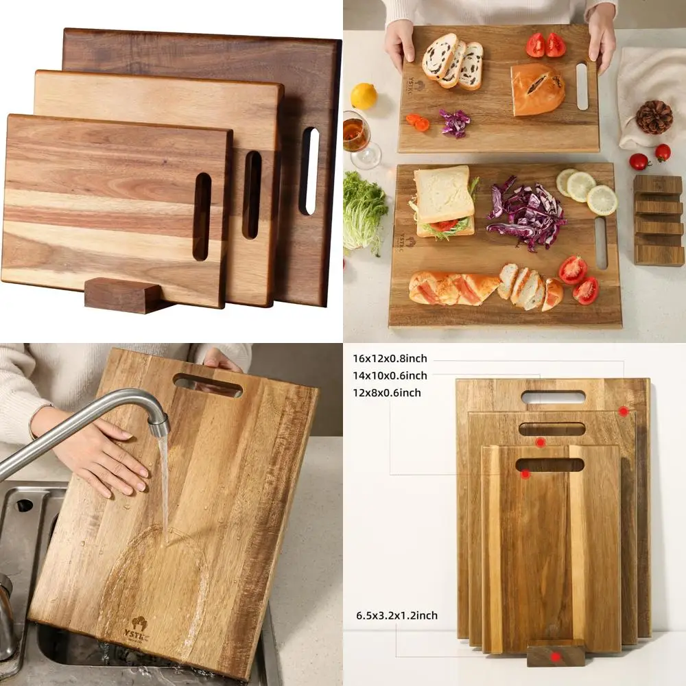 

Set of 3 Acacia Wood Kitchen Cutting Boards with Handles, Large Thick Chopping Boards for Butcher Block