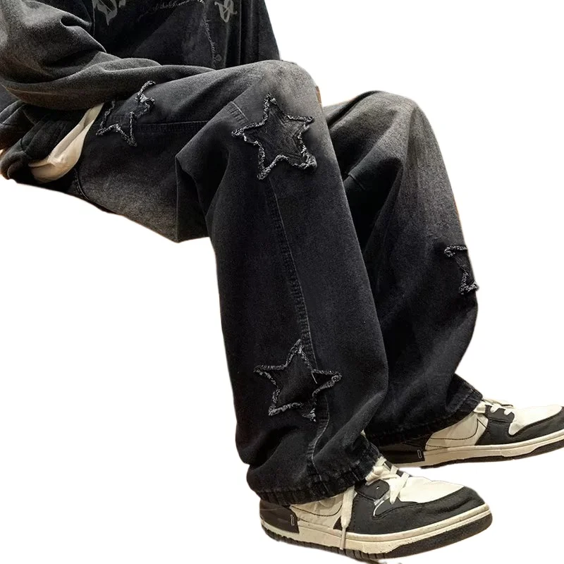 

2025 новые мужские джинсы в стиле пэчворк со звездами, новая мода, брюки с кисточками Y2K, корейская одежда, прямые брюки в стиле хип-хоп, мужская уличная одежда