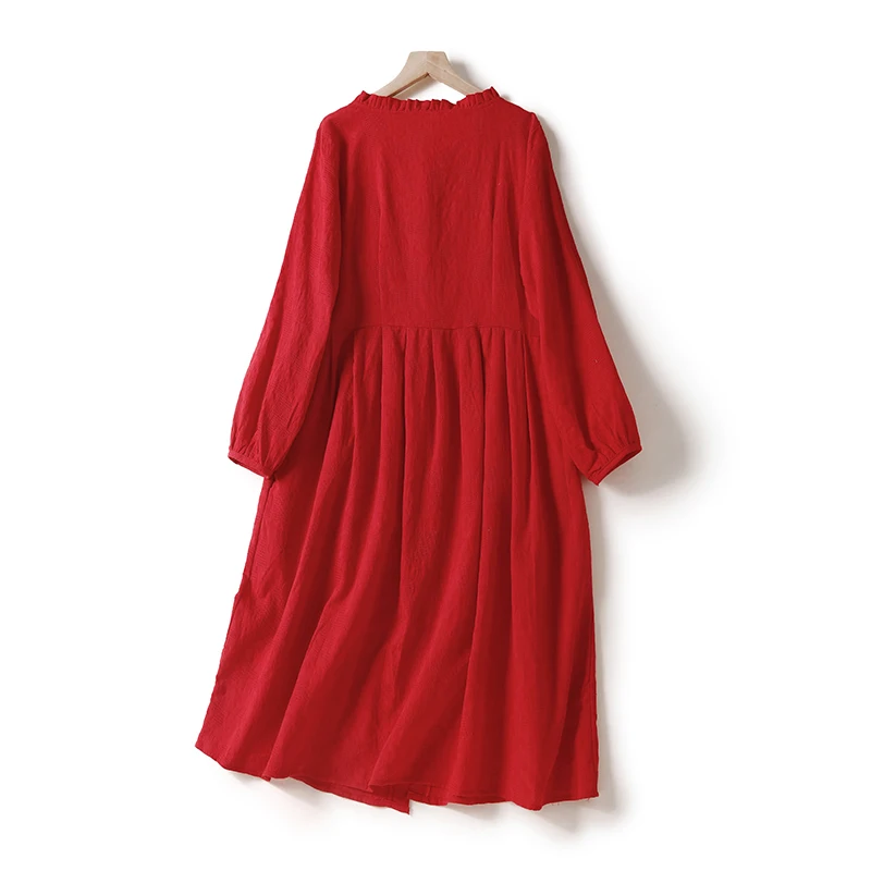 Robe en lin rouge élégante pour femmes, col rond, manches longues, Simple boutonnage, ligne a, mi-longue, mode Simple, tenue décontractée, nouvelle collection automne