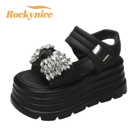 Women Summer 8CM High Platform Sandals Glitter Slides 2025 Crystal Butterfly-knot Shoes Woman Pantofle Soft Beach Slides Zapatos
