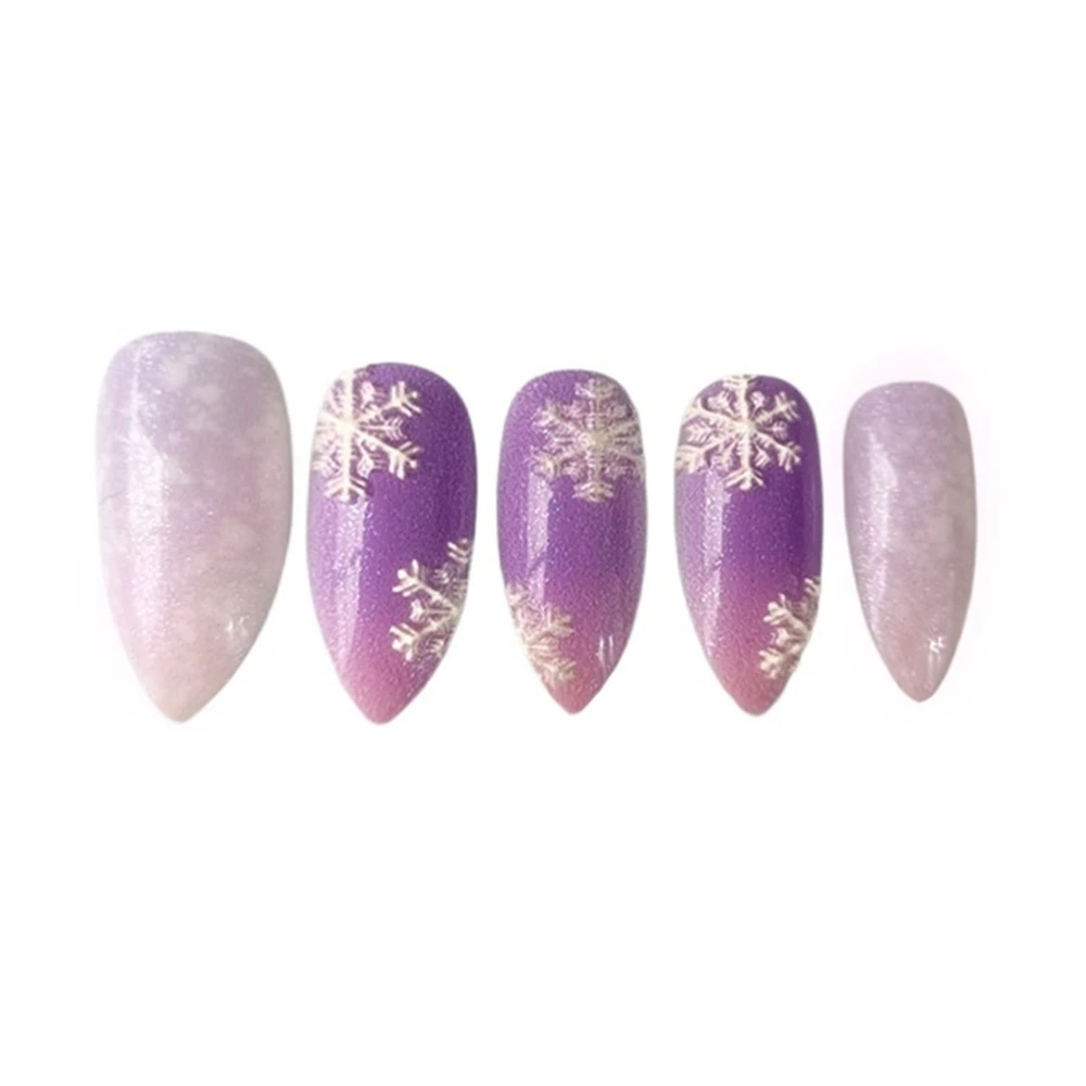 Christmas Snowflake Short Stiletto Fake Nails With Glue Gradient Purple Press On Nail DIY Glitter Manicure Accessory