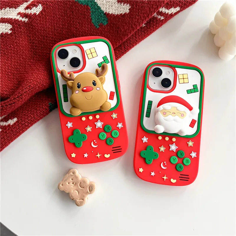 3D Cute Cartoon Santa Claus Holder Shell  Christmas Deer Phone Case For iPhone 15 14 13 12 11 Pro Max Shockproof Cover