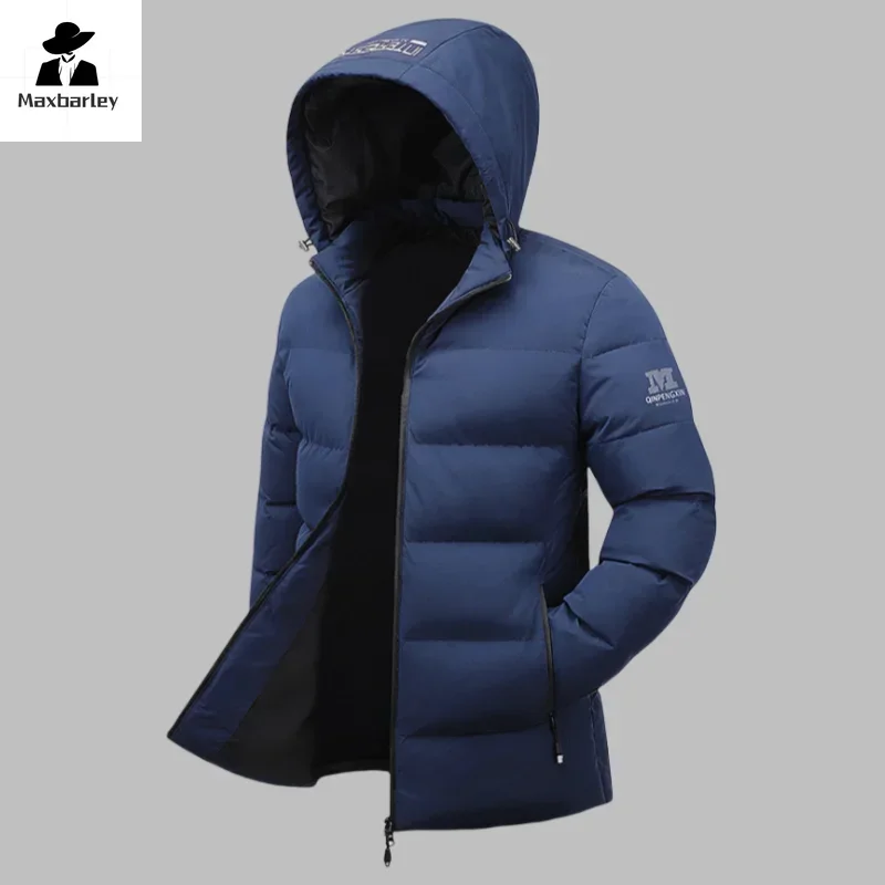 Inverno jaqueta de comprimento médio masculino casual bolso com zíper à prova de vento quente parka masculino na moda esqui grosso casaco com capuz marca puffer jaqueta