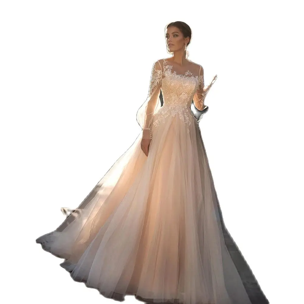 Maßgeschneidertes helles Champagner-Hochzeitskleid, bauschig, volle Ärmel, Glitzer-Applikation, Tüll, Spitze, offener Rücken, Brautkleider, Robe de Mariée