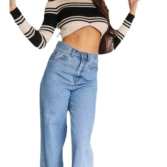 Jeans Donna Denim Pantaloni a gamba larga Pantaloni vintage a vita alta Streetwear Lunghezza pavimento femminile Tasche effetto lavato 2025