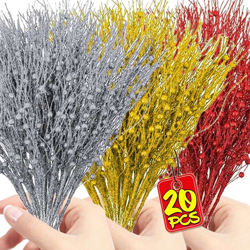 1/20PCS Artificial Glitter Berry Stem Ornaments Christmas Berries Flower Branches for Wreath Xmas Tree Wedding Party Decoration