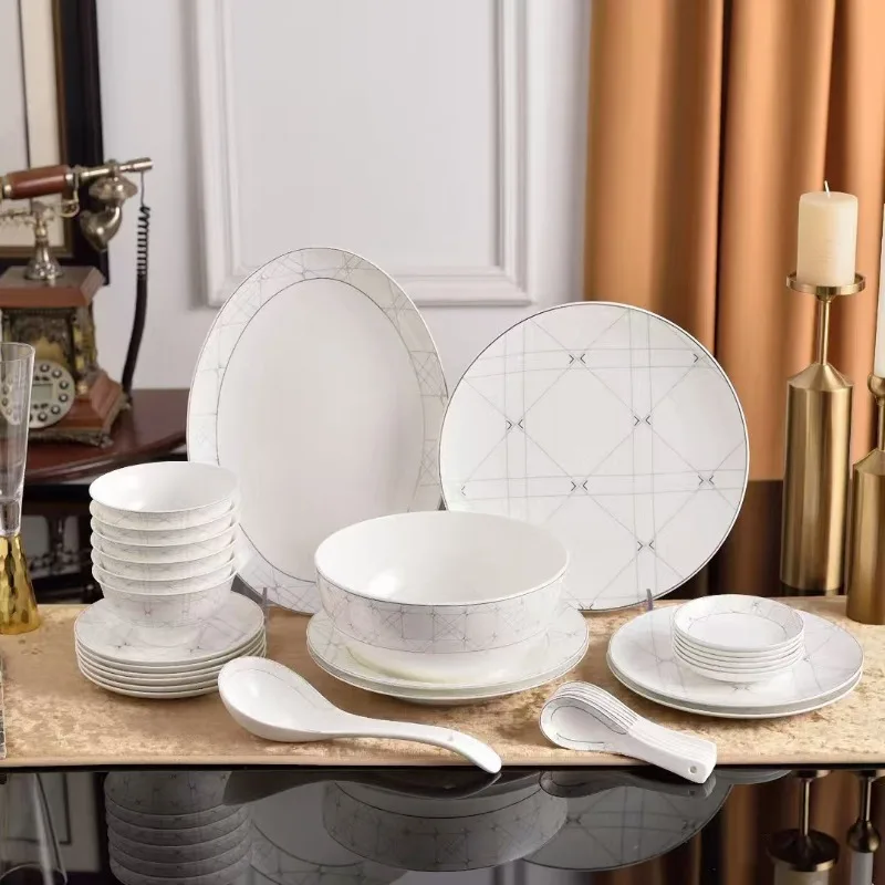 European simple and creative, white grid tableware, bowls, plates, spoons, bone china 32-head configuration set tableware