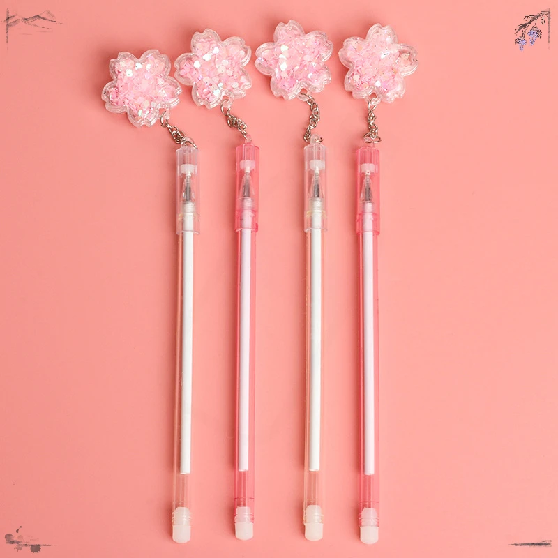 24 Pcs Pink Glitter Cherry Blossom Pendant Neutral Pens Set Cute Flower Fairy Pendant Pen Student Supplies Back To School