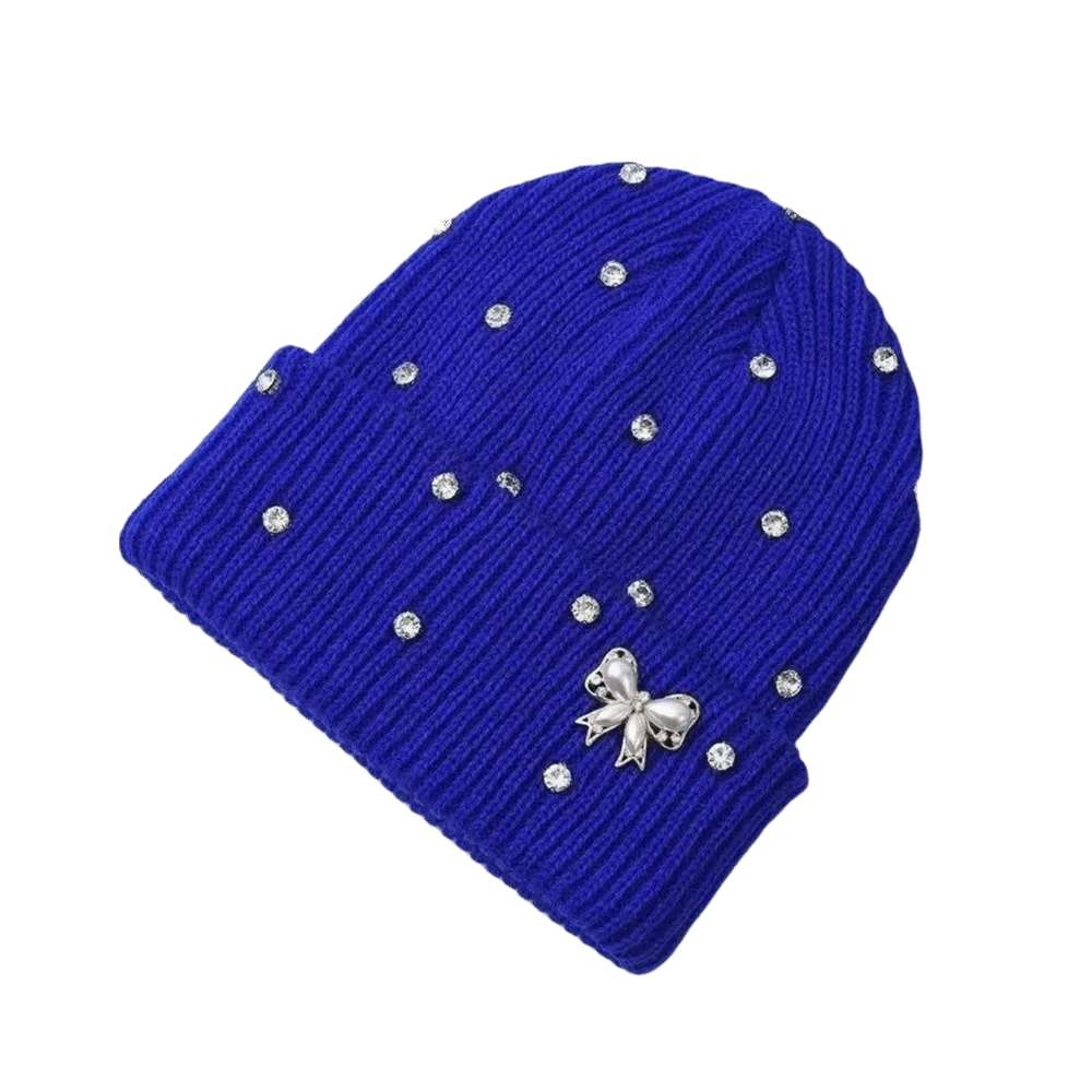 Fashion Elastic Crystal Pearl Bow Beanie Solid Color Warm Knit Hat Thermal Thick Pullover Hat Outdoor