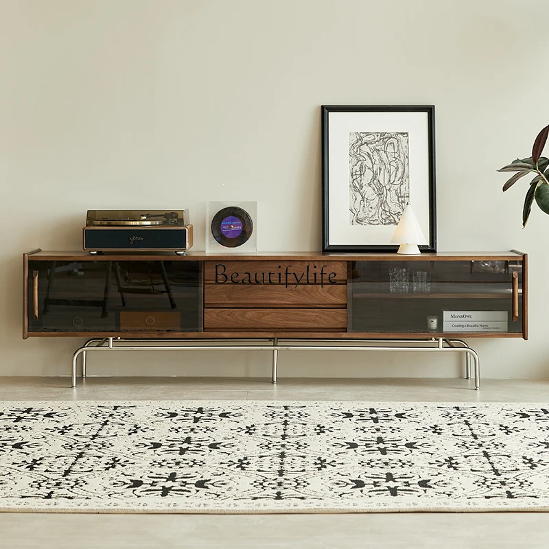 

North American black walnut TV cabinet French retro solid wood storage locker living room small apartment